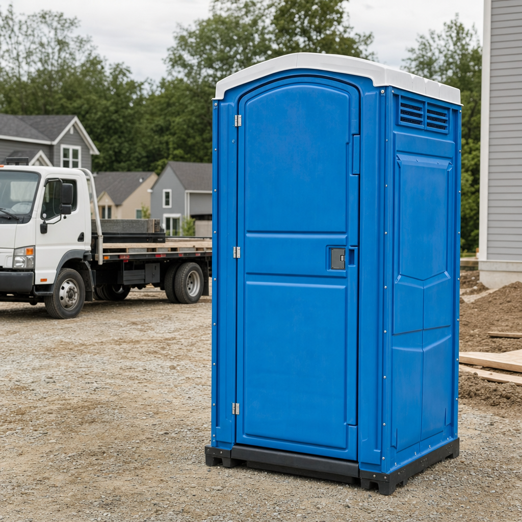 Delivery driver positioning a clean royal-blue portable toilet on level ground at a Dallas worksite