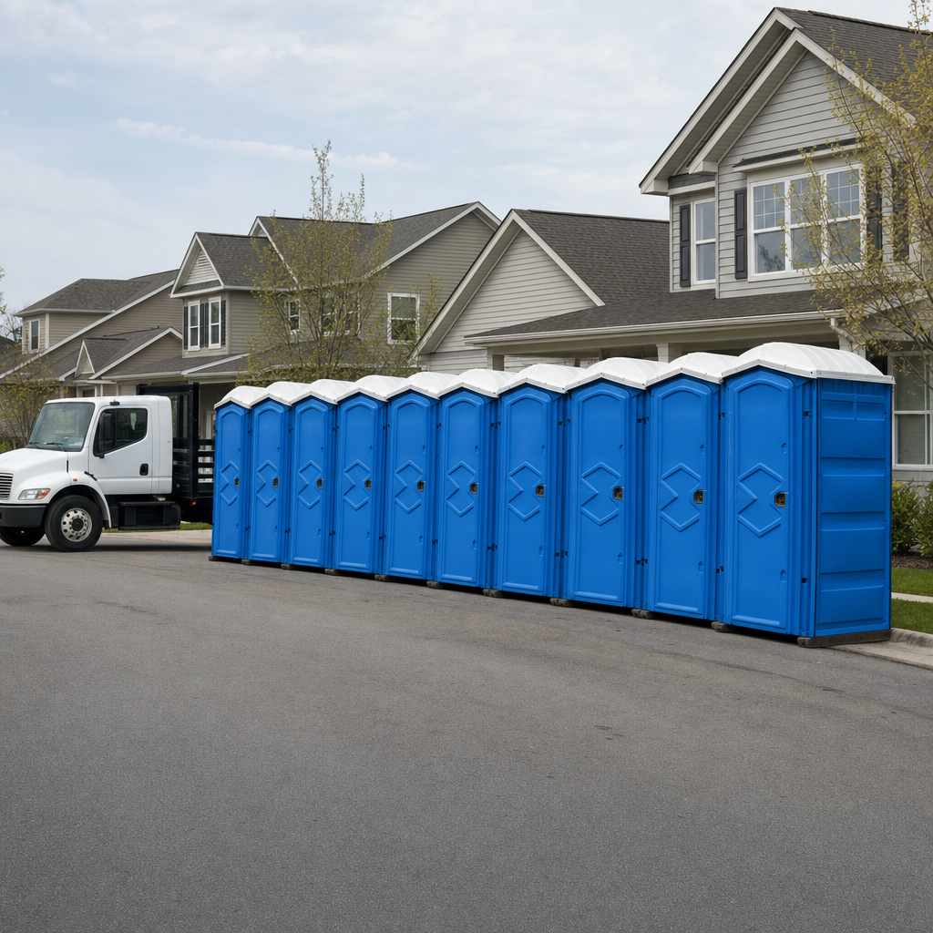 Royal blue portable toilets staged in a tidy row at a Dallas jobsite, ready for delivery